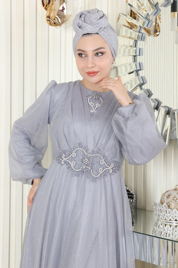 İnci Detaylı Drapeli Simli Abiye Gri 19189