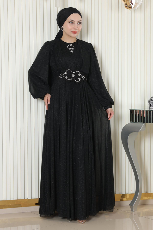 İnci Detaylı Drapeli Simli Abiye Siyah 19189