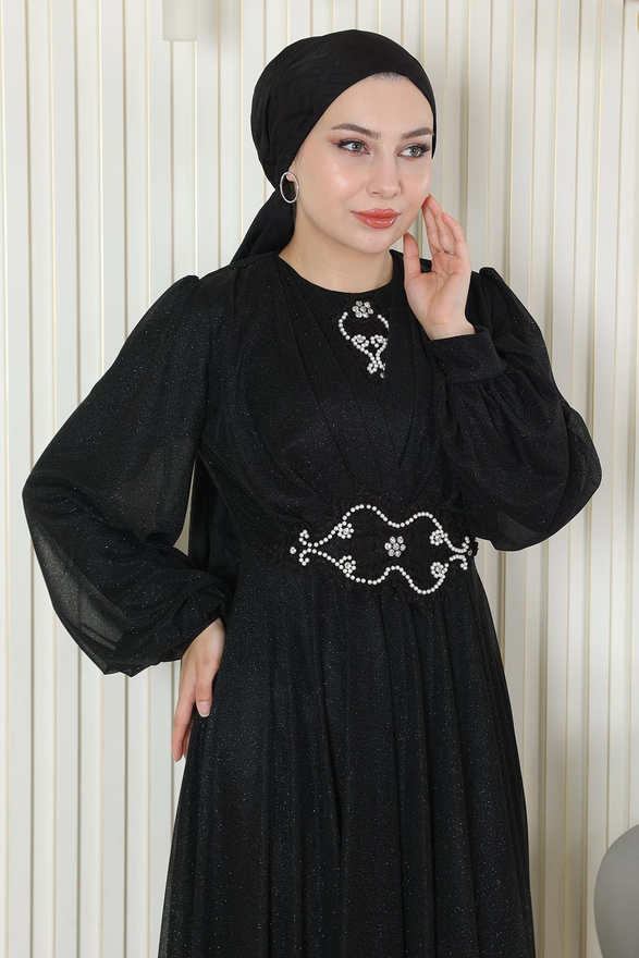İnci Detaylı Drapeli Simli Abiye Siyah 19189