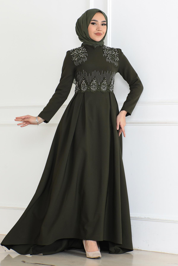 İnci Detaylı Elbise Haki 6121