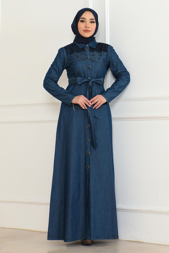 İnci Detaylı Kot Elbise Koyu Mavi 6138