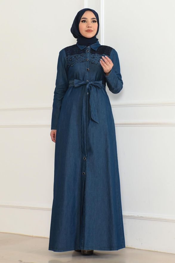 İnci Detaylı Kot Elbise Koyu Mavi 6138