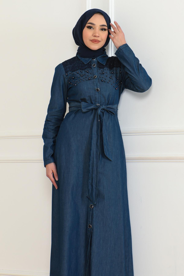 İnci Detaylı Kot Elbise Koyu Mavi 6138