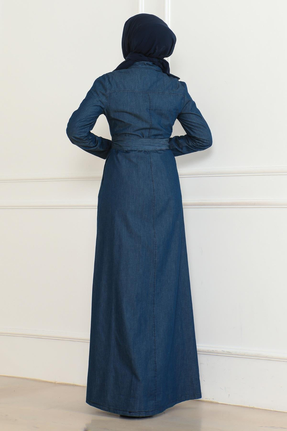 İnci Detaylı Kot Elbise Koyu Mavi 6138