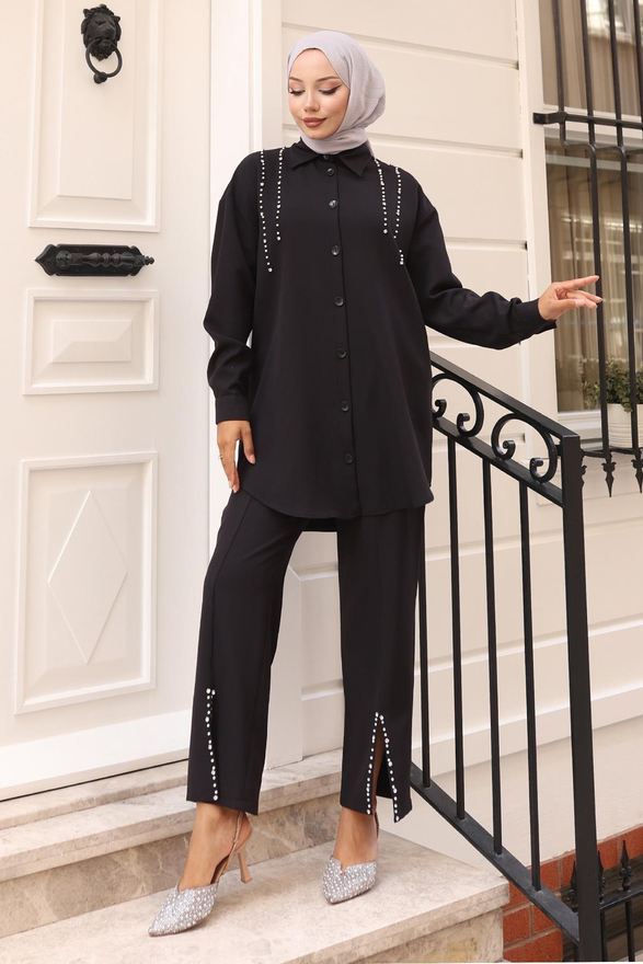İnci Detaylı Takım Siyah 19259