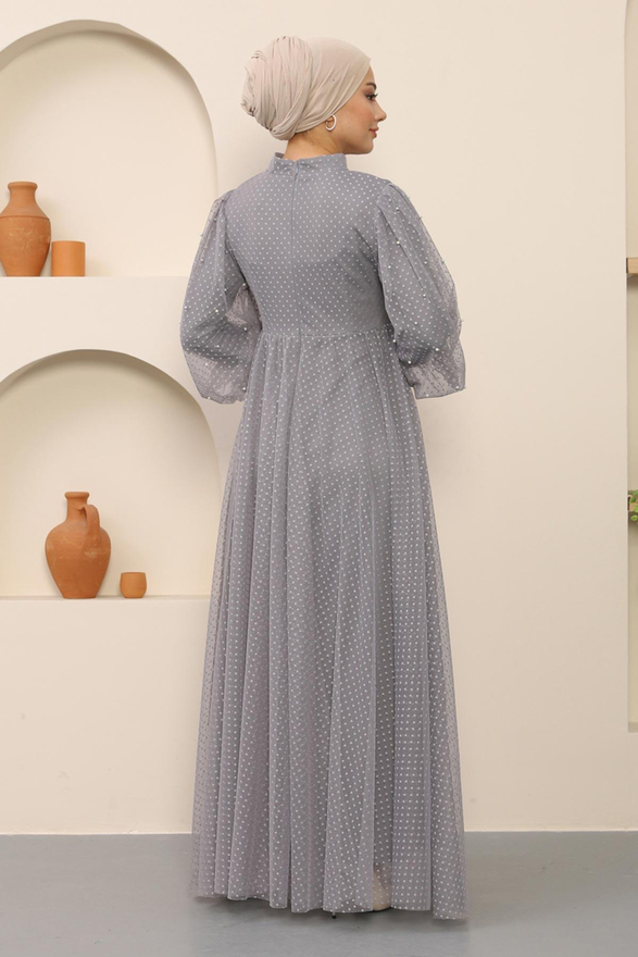 İnci Detaylı Tül Abiye Gri MSW12238-5