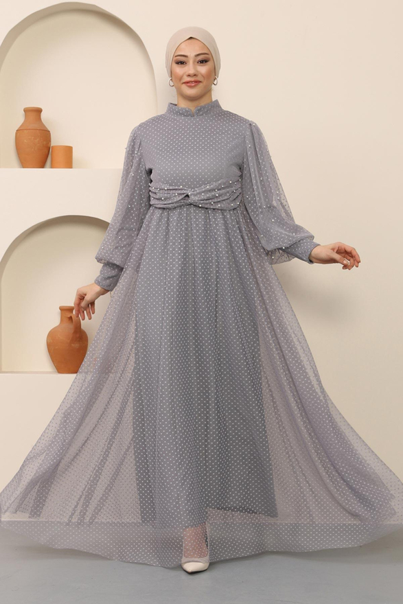 İnci Detaylı Tül Abiye Gri MSW12238-5