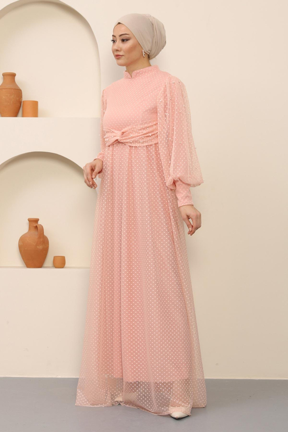 İnci Detaylı Tül Abiye Pudra MSW12238-3