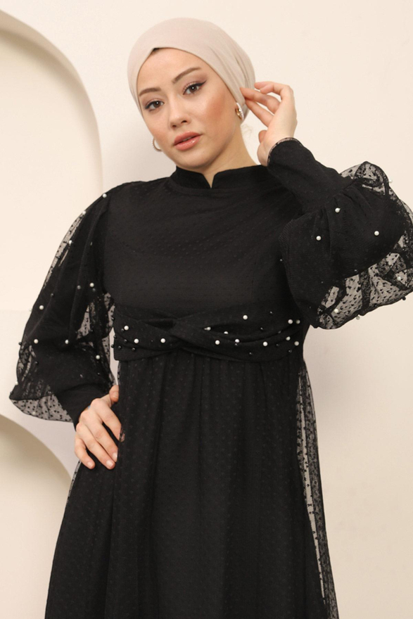 İnci Detaylı Tül Abiye Siyah MSW12238-1