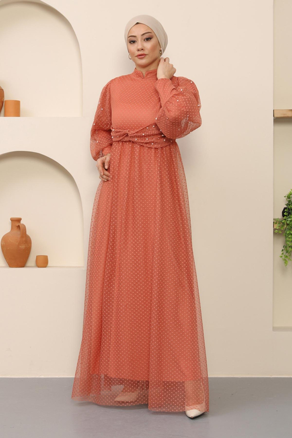 İnci Detaylı Tül Abiye Somon MSW12238-2