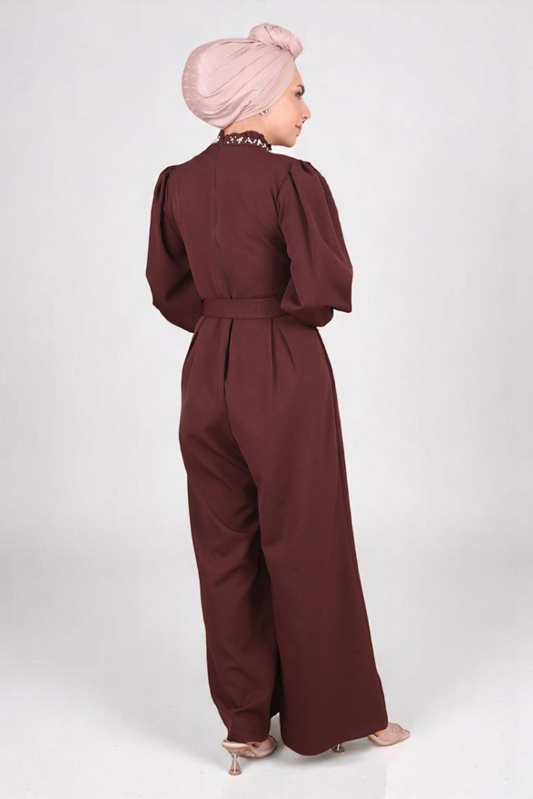 İnci Detaylı Tulum Elbise Kahverengi MSW19152-5