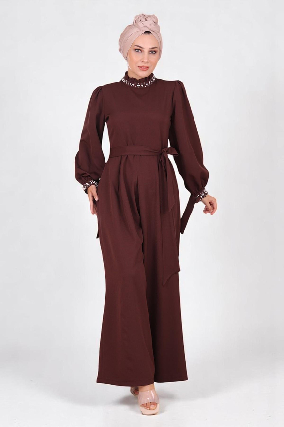 İnci Detaylı Tulum Elbise Kahverengi MSW19152-5