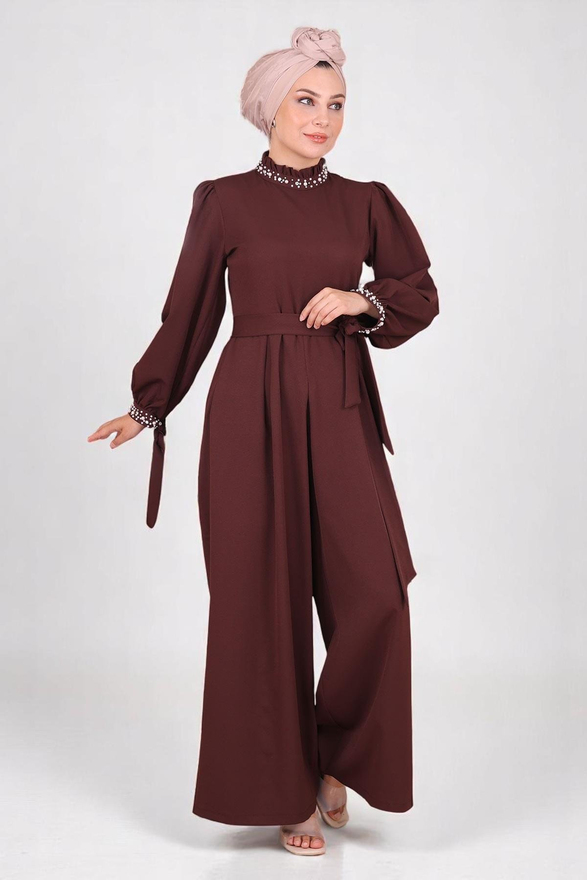 İnci Detaylı Tulum Elbise Kahverengi MSW19152-5