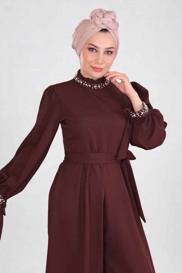 İnci Detaylı Tulum Elbise Kahverengi MSW19152-5