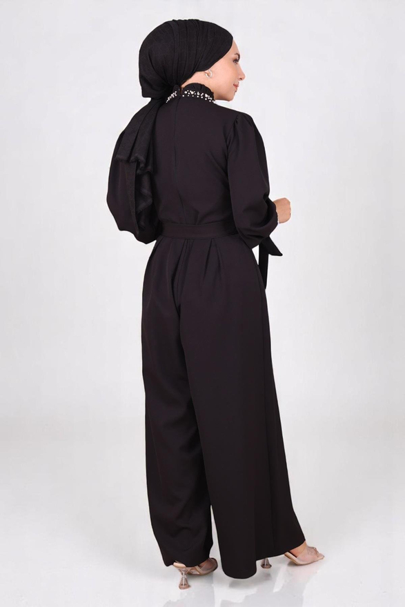 İnci Detaylı Tulum Elbise Siyah MSW19152-1