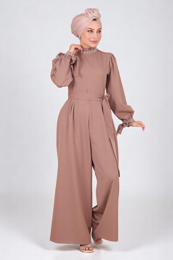 İnci Detaylı Tulum Elbise Vizon MSW19152-3