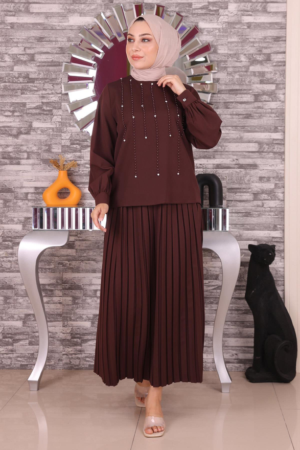 İnci Ve Taş Detaylı Takım Kahverengi 19135