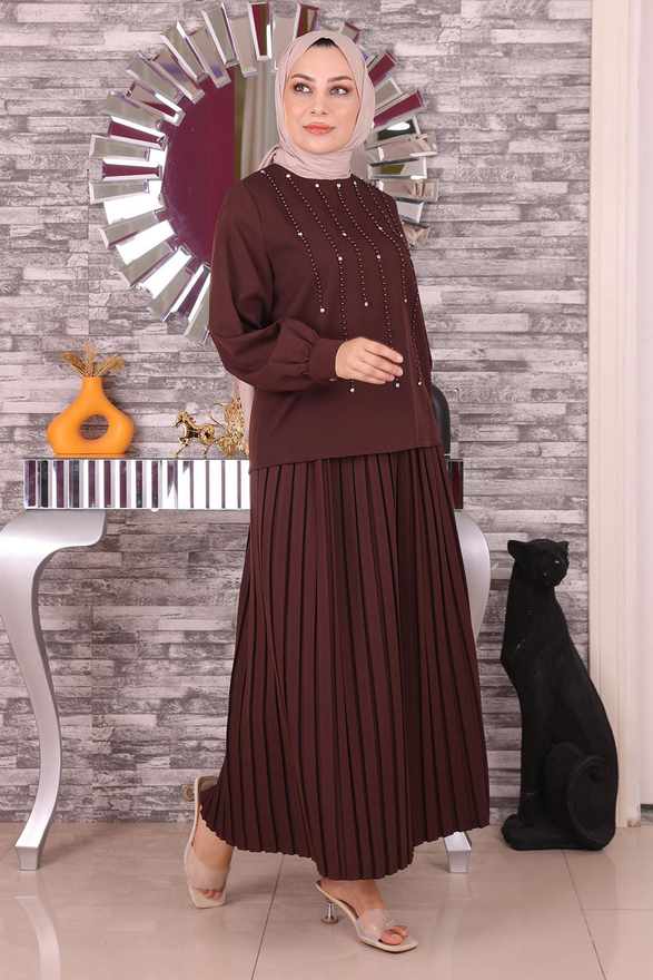 İnci Ve Taş Detaylı Takım Kahverengi 19135