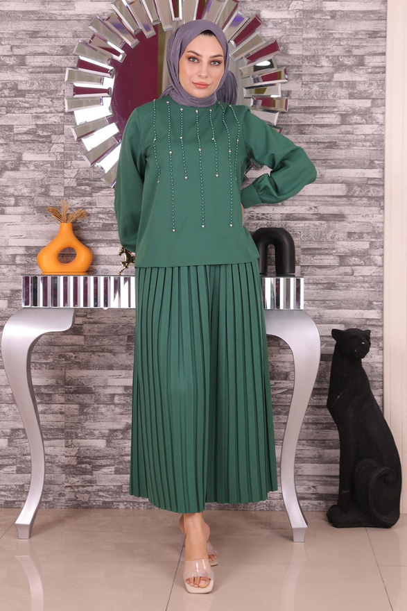 İnci Ve Taş Detaylı Takım Zümrüt 19135