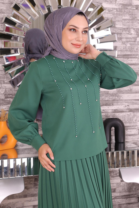 İnci Ve Taş Detaylı Takım Zümrüt 19135