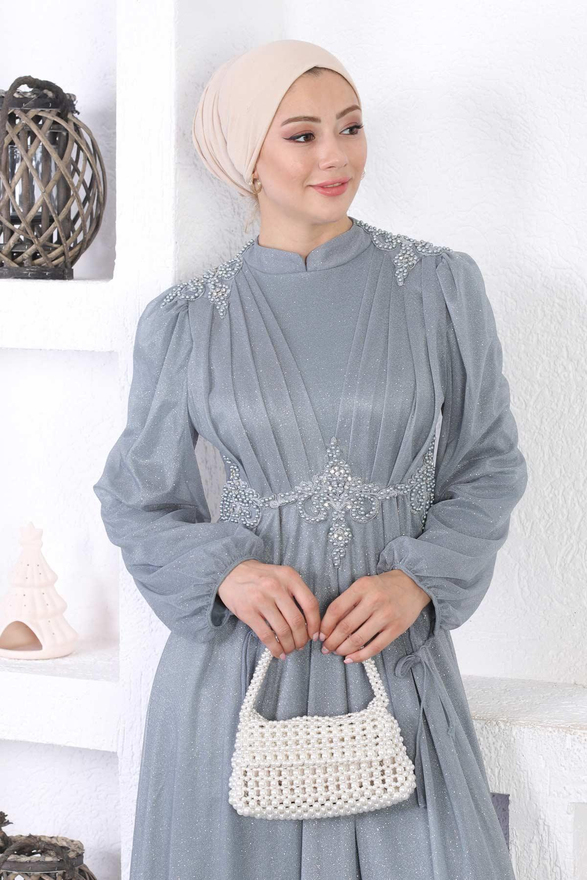 İncili Dantelli Simli Abiye Gri 12252