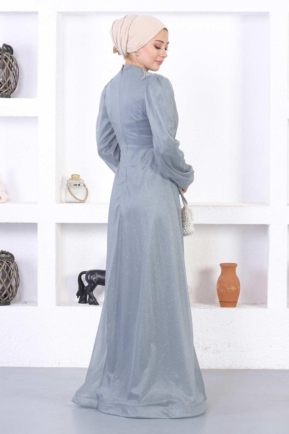 İncili Dantelli Simli Abiye Gri 12252