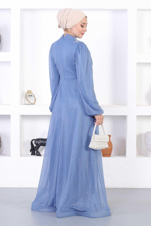 İncili Dantelli Simli Abiye Mavi 12252