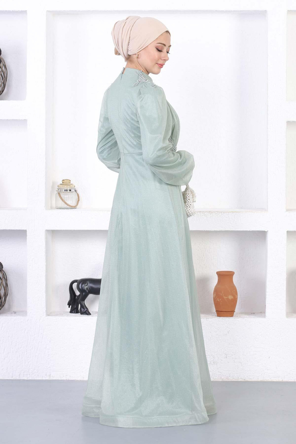 İncili Dantelli Simli Abiye Mint 12252