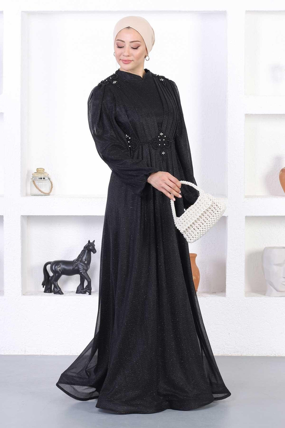 İncili Dantelli Simli Abiye Siyah 12252