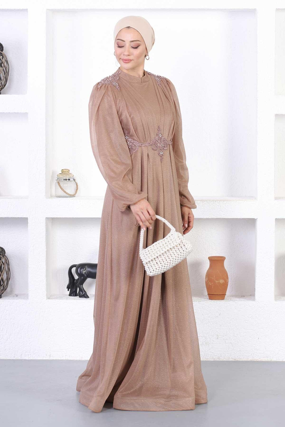 İncili Dantelli Simli Abiye Vizon 12252