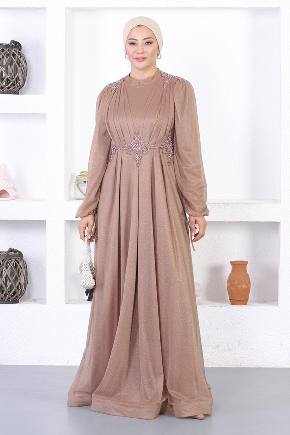 İncili Dantelli Simli Abiye Vizon 12252