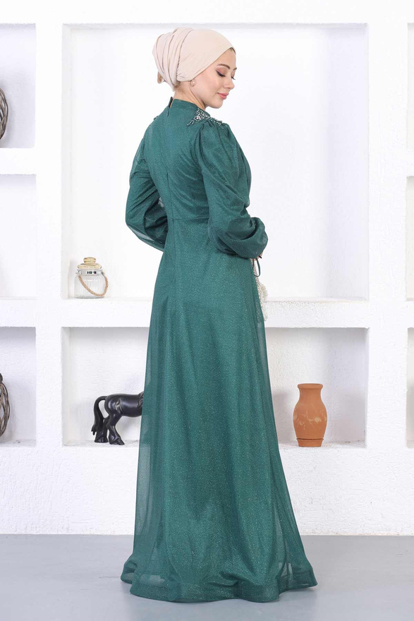 İncili Dantelli Simli Abiye Zümrüt 12252