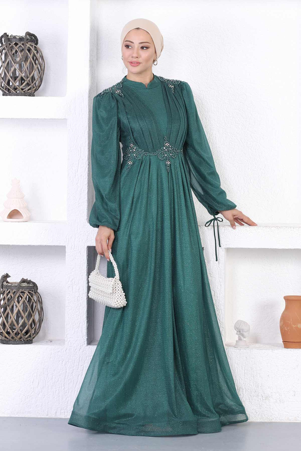 İncili Dantelli Simli Abiye Zümrüt 12252