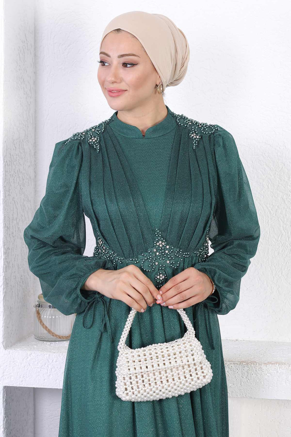 İncili Dantelli Simli Abiye Zümrüt 12252