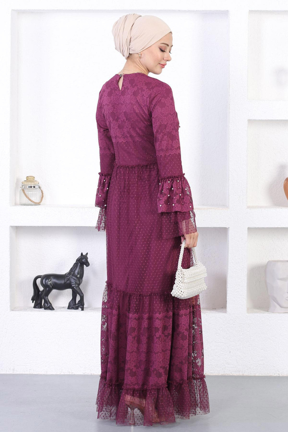 İncili Dantelli Volan Kol Abiye Mürdüm 12213