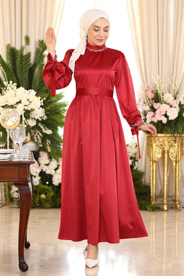 İncili Saten Abiye Bordo 19121