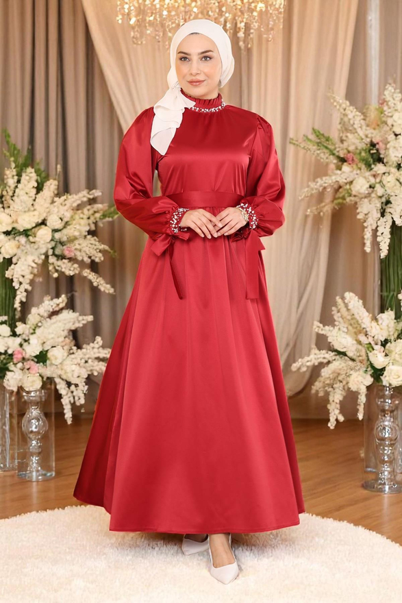 İncili Saten Abiye Bordo 19121