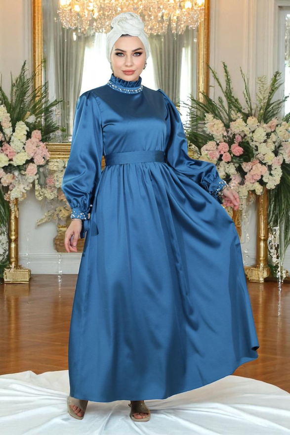 İncili Saten Abiye İndigo 19121