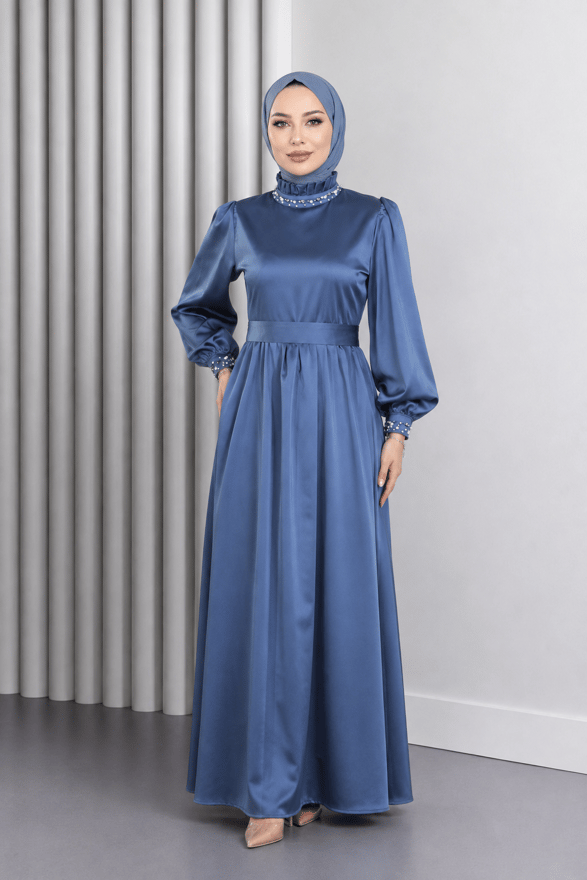 İncili Saten Abiye İndigo 19121