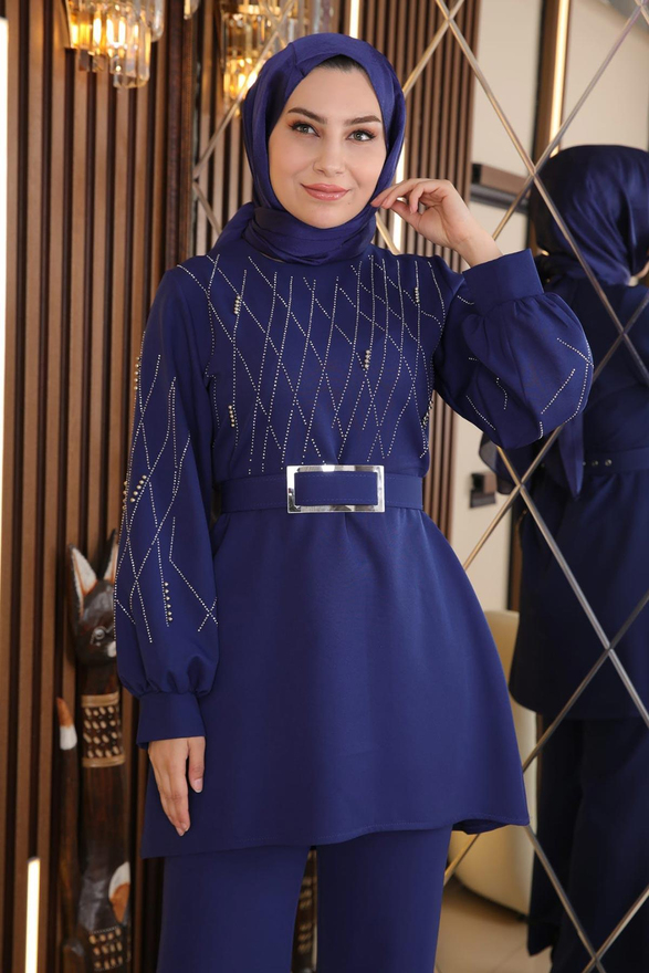 İncili Taş Detaylı Takım İndigo MSW19116-1