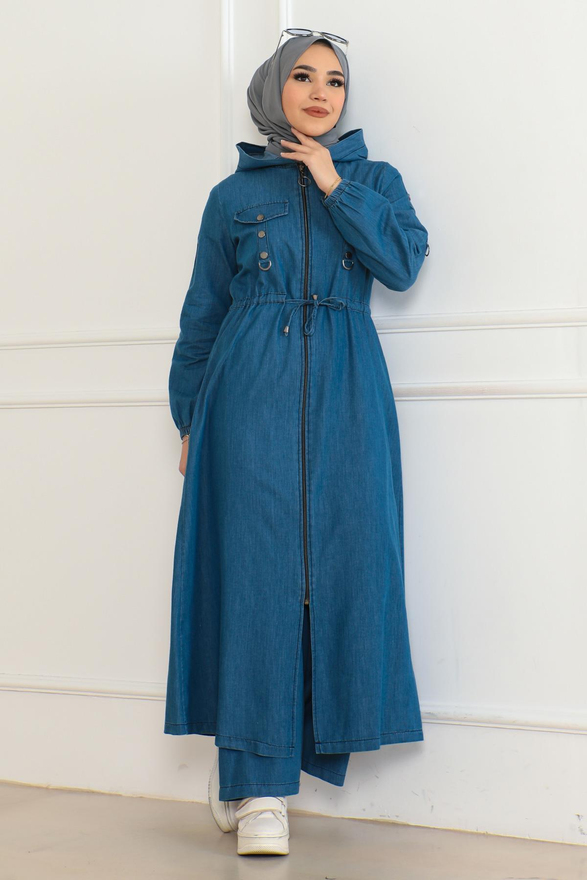 Kapşonlu Beli Bağcıklı Kot Takım Açık Mavi 19235