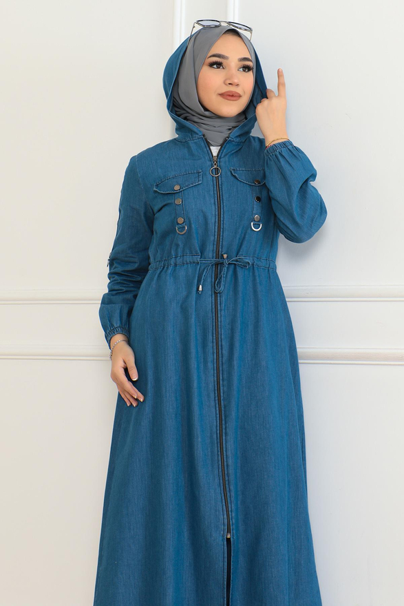 Kapşonlu Beli Bağcıklı Kot Takım Açık Mavi 19235