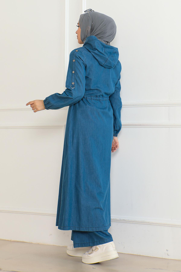 Kapşonlu Beli Bağcıklı Kot Takım Açık Mavi 19235