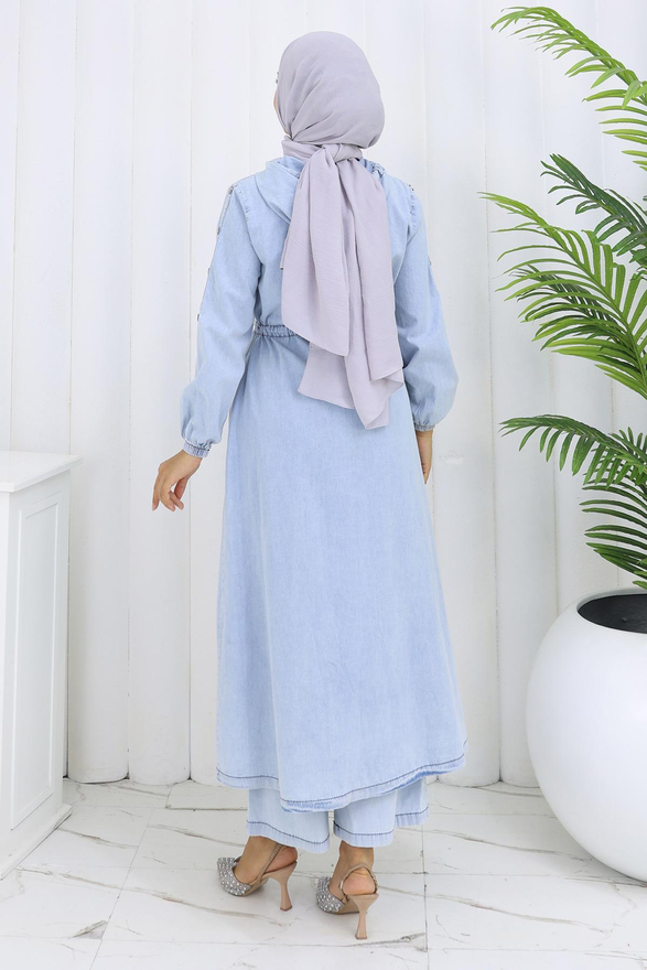 Kapşonlu Beli Bağcıklı Kot Takım Buz Mavisi 19235