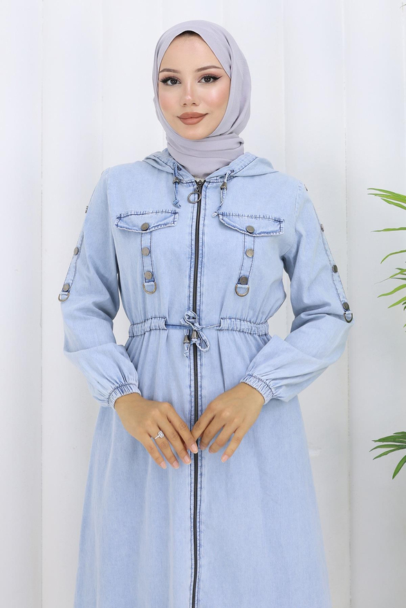 Kapşonlu Beli Bağcıklı Kot Takım Buz Mavisi 19235