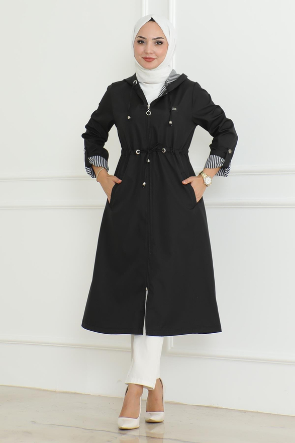 Kapşonlu Fermuarlı Trençkot Siyah 19205