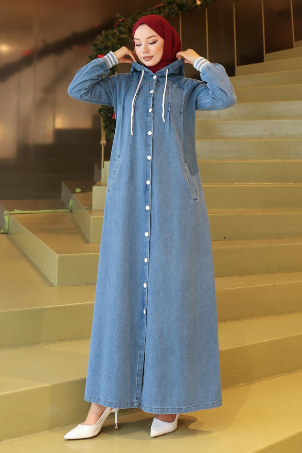 Kapşonlu Ribanalı Kot Ferace Açık Mavi 19280