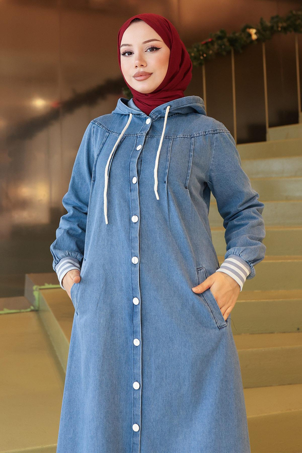 Kapşonlu Ribanalı Kot Ferace Açık Mavi 19280