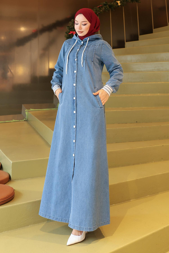 Kapşonlu Ribanalı Kot Ferace Açık Mavi 19280