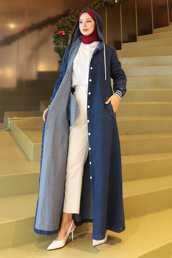 Kapşonlu Ribanalı Kot Ferace Koyu Mavi 19280